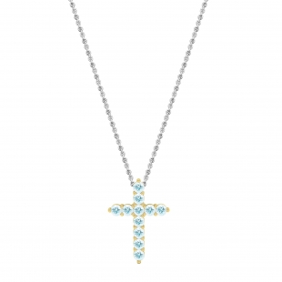 Round Aquamarine Cross Pendant with 18 inch Silver Chain for Her in 14K Yellow Gold