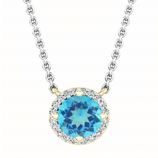 7mm Round Blue Topaz & White Diamond Ladies Halo Fancy Pendant with Silver Chain in 14K Yellow Gold