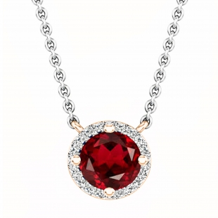 7mm Round Garnet And 0.11 Carat Round White Diamond Halo Pendant Necklace for Women with 18 inch Silver Chain in 18K Rose Gold