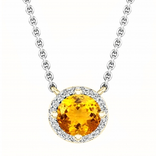 7mm Round Citrine & White Diamond Ladies Halo Fancy Pendant with Silver Chain in 18K Yellow Gold