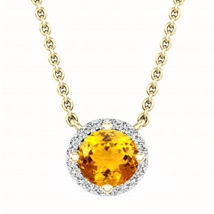 Round 7mm Citrine & White Diamond Halo Style Pendant for Women with Gold Chain in 18K Yellow Gold