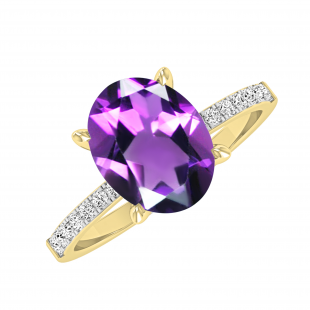 9X7mm Oval Amethyst and 0.19 CT Round White Diamond Engagement Ring for Women in 10K Yellow Gold