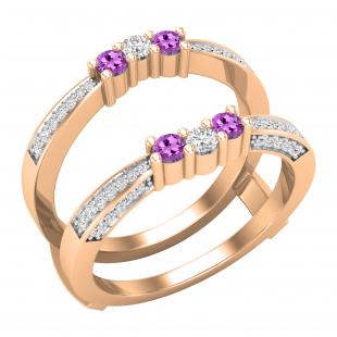 Round Amethyst and White Diamond Enhancer Double Wrap Guard Anniversary Band Ring for Women in 18K Rose Gold (White Diamond: 0.33 CT Color I-J Clarity I1-I2)