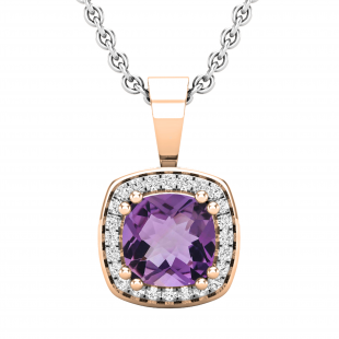 6mm Cushion Amethyst & 0.10 CT Round White Diamond Dainty Halo Pendant with 18 inch Silver Chain for Women in 14K Rose Gold