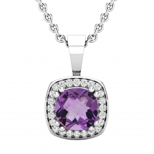 6mm Cushion Amethyst & 0.10 CT Round White Diamond Dainty Halo Pendant with 18 inch Silver Chain for Women in 925 Sterling Silver