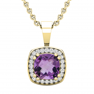 6mm Cushion Amethyst & 0.10 CT Round White Diamond Dainty Halo Pendant with 18 inch Gold Chain for Women in 10K Yellow Gold