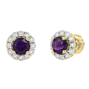 Round 5.5mm Each Amethyst & White Diamond Halo Illusion Set Screwback Stud Earrings for Women in 10K Yellow Gold