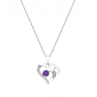 5.50mm Center Round Amethyst with Accent White Diamond Double Heart Two Tone Pendant with 18 inch Silver Chain for Women in 925 Sterling Silver