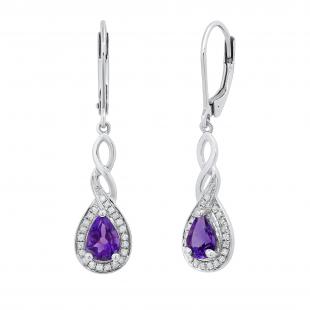 7x5mm Pear Shape Amethyst & Round White Diamond Classic Halo Swirl Style Lever Back Dangle Earrings for Women in 10K White Gold