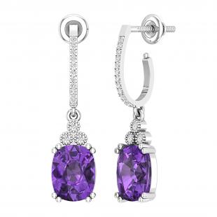9x7mm Each Cushion Amethyst & Round White Diamond J-Shape Dangle Drop Earrings for Her in 10K White Gold in Screw Back