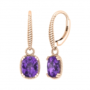 9x7mm Rectangular Cushion Amethyst Twisted Rope Edge Dangle Drop Lever Back Earrings for Her in 18K Rose Gold