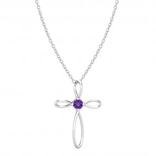4mm Round Natural Amethyst Solitaire Twisted Criss Cross Crucifix Pendant with 18 inch Silver Chain for Women in 925 Sterling Silver