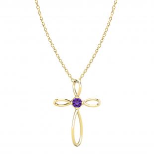 4mm Round Natural Amethyst Solitaire Twisted Criss Cross Crucifix Pendant with 18 inch Gold Chain for Women in 14K Yellow Gold