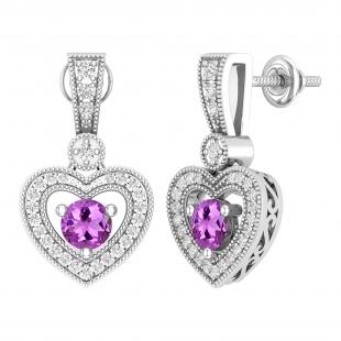 4.5mm Round Amethyst & White Diamond Filigree Groove Sides Heart Shape Milgrain Edged Drop Stud Earrings for Women in 925 Sterling Silver in Screw Back