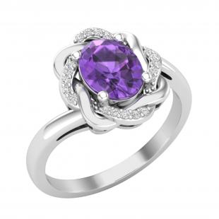 8X6mm Oval Amethyst & Round White Diamond Criss Cross & Entangled Engagement Ring for Women (Diamond 0.08 ctw, Color I-J, Clarity I2-I3) in 10K White Gold
