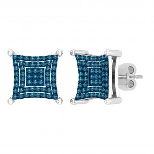 0.24 Carat Round Blue Diamond Composite Concave Square Stud Earrings for Women in 925 Sterling Silver in Push Back