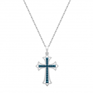 0.23 Carat Round Blue Diamond Flared Cross Pendant with 18 inch Gold Chain in 10K White Gold