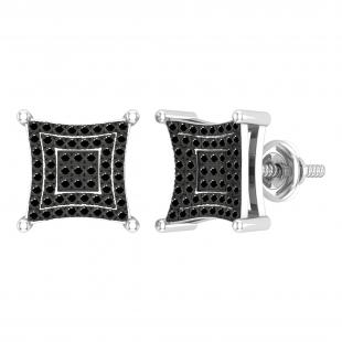 0.24 Carat Round Black Diamond Composite Concave Square Stud Earrings for Women in 10K White Gold in Screw Back