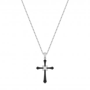 0.23 Carat (ctw) Round Black & White Diamond Cross Hip Hop Unisex Pendant with 18 inch Gold Chain in 10K White Gold