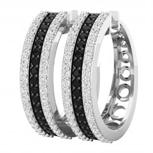 1.04 Carat (ctw) Round Black & White Diamond 3 Row Linear Grooved Hinged Post Hoop Earrings for Women in 925 Sterling Silver