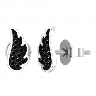 Round Black Diamond Angel Wing Stud Earrings for Women (0.06 ctw, Color Black, Clarity Opaque) in 10K White Gold in Push Back