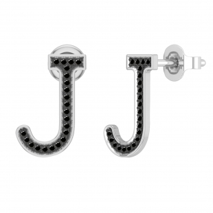 0.11 Carat Round Black Diamond Initial 'J' Letter Stud Earrings for Women in 10K White Gold in Push Back
