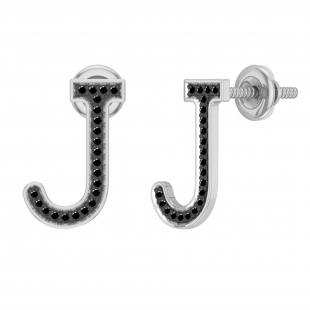 0.11 Carat Round Black Diamond Initial 'J' Letter Stud Earrings for Women in 10K White Gold in Screw Back