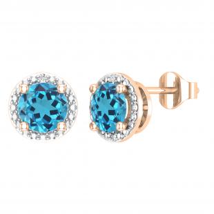 6mm Each Round Blue Topaz & Accent White Diamond 4 Prong Halo Stud Earrings in 14K Rose Gold in Push Back
