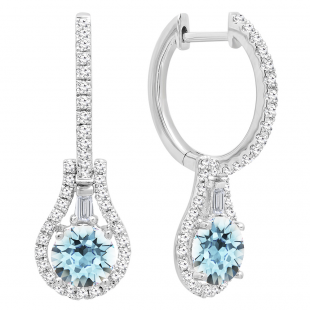 18K White Gold 5.5 MM Each Round Cut Aquamarine And Round & Baguette Cut Diamond Drop Earrings