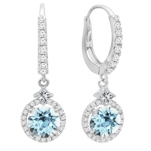 18K White Gold 5.5 MM Each Round Cut Aquamarine And Round & Princess Cut Diamond Drop Earrings