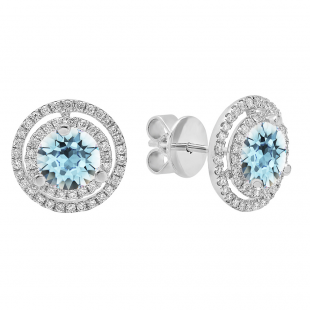 18K White Gold 6 MM Each Round Cut Aquamarine & White Diamond Ladies Double Halo Stud Earrings
