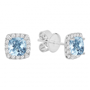 14K White Gold Each 4 MM Cushion Cut Aquamarine & Round White Diamond Ladies Halo Stud Earrings