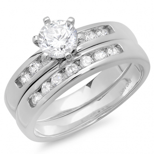 1.25 Carat (ctw) 14K White Gold Round Cubic Zirconia Ladies Engagement Ring with Matching Wedding Band (Size 7)