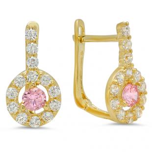 0.27 Carat (ctw) 14K Yellow Gold Round Cut Pink & White Cubic Zirconia Ladies Halo Style Hoop Earrings