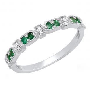 10K White Gold Round Emerald & Diamond Ladies Stackable Wedding Band