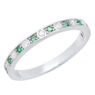 10K White Gold Round Emerald & Diamond Ladies Stackable Anniversary Wedding Band