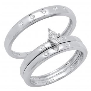 0.10 Carat (ctw) Round White Diamond Men & Women Wedding Rings Trio Bridal Set 10K White Gold