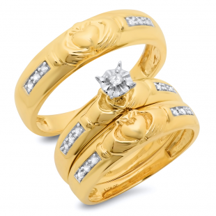 10K Yellow Gold Round Cut Diamond Men's & Women's Engagement Ring Trio Bridal Set