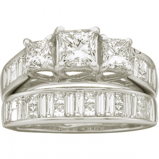 1.90 Carat (ctw) 14k White Gold Princess & Baguette Cut White Diamond Ladies 3 Stone Bridal Engagement Ring Set