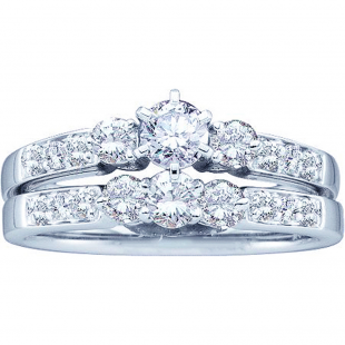 0.94 Carat (ctw) 14k White Gold Brilliant Round Cut White Diamond Ladies 3 Stone Bridal Engagement Ring Set