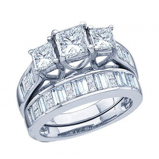 1.00 Carat (ctw) 14k White Gold Princess & Baguette Cut White Diamond Ladies 3 Stone Bridal Engagement Ring Set