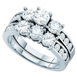 2.00 Carat (ctw) 14k White Gold Brilliant Round White Diamond Ladies 3 Stone Bridal Engagement Ring Set