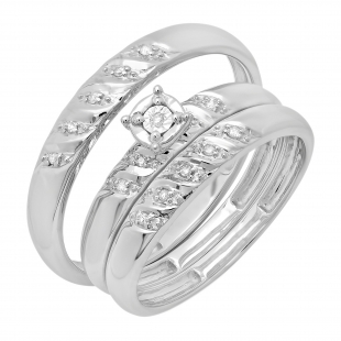 0.08 Carat (ctw) 10K White Gold Round Cut White Diamond Men & Women's Fashion Engagement Ring Trio Bridal Set