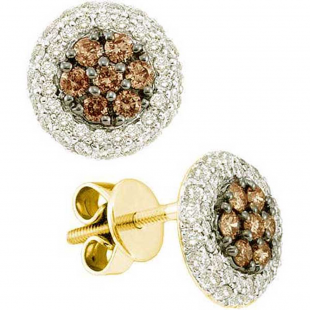 0.77 Carat (ctw) 14k Yellow Gold Round Brown & White Diamond Ladies Cluster Flower Earrings