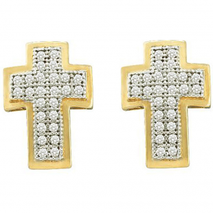 0.15 Carat (ctw) 10k Yellow Gold White Diamond Ladies Micro Pave Cross Earrings