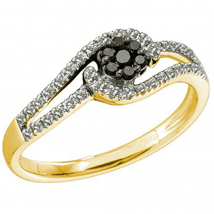 0.25 Carat (ctw) 14k Yellow Gold Round Black & White Diamond Ladies Cluster Flower Engagement Ring