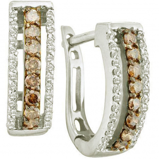 0.48 Carat (ctw) 14k White Gold Round Brown & White Diamond Ladies Hoop Earrings