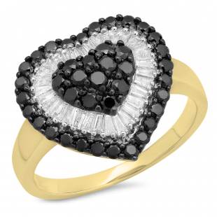 1.20 Carat (ctw) 14k Yellow Gold Round & Baguette Cut Black & White Diamond Ladies Heart Promise Ring