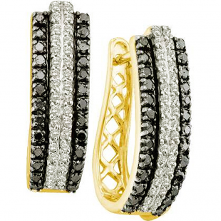 1.03 Carat (ctw) 14k Yellow Gold Round Black & White Diamond Ladies Fashion Hoops Earrings