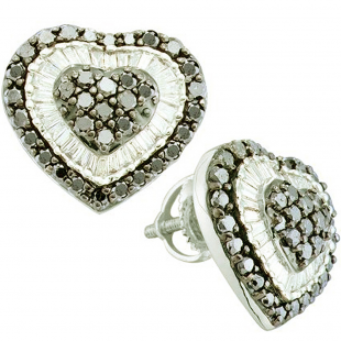 1.50 Carat (ctw) 14k White Gold Round & Baguette Cut Black & White Diamond Ladies Heart Earrings